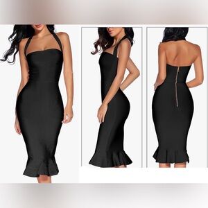 houstil Women's V Neck Halter Fishtail Bandage Bodycon Dress - Black (L)